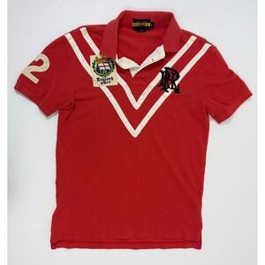 Vintage Ralph Lauren Rugby England 39 Patch Red V Stripe Polo Shirt Size S